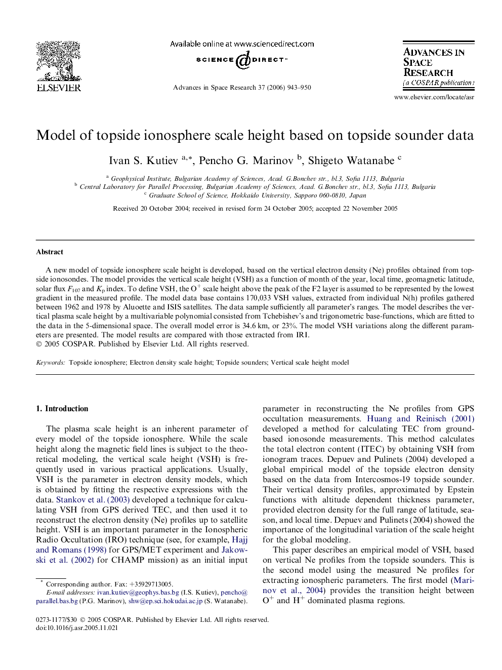 Model of topside ionosphere scale height based on topside sounder data