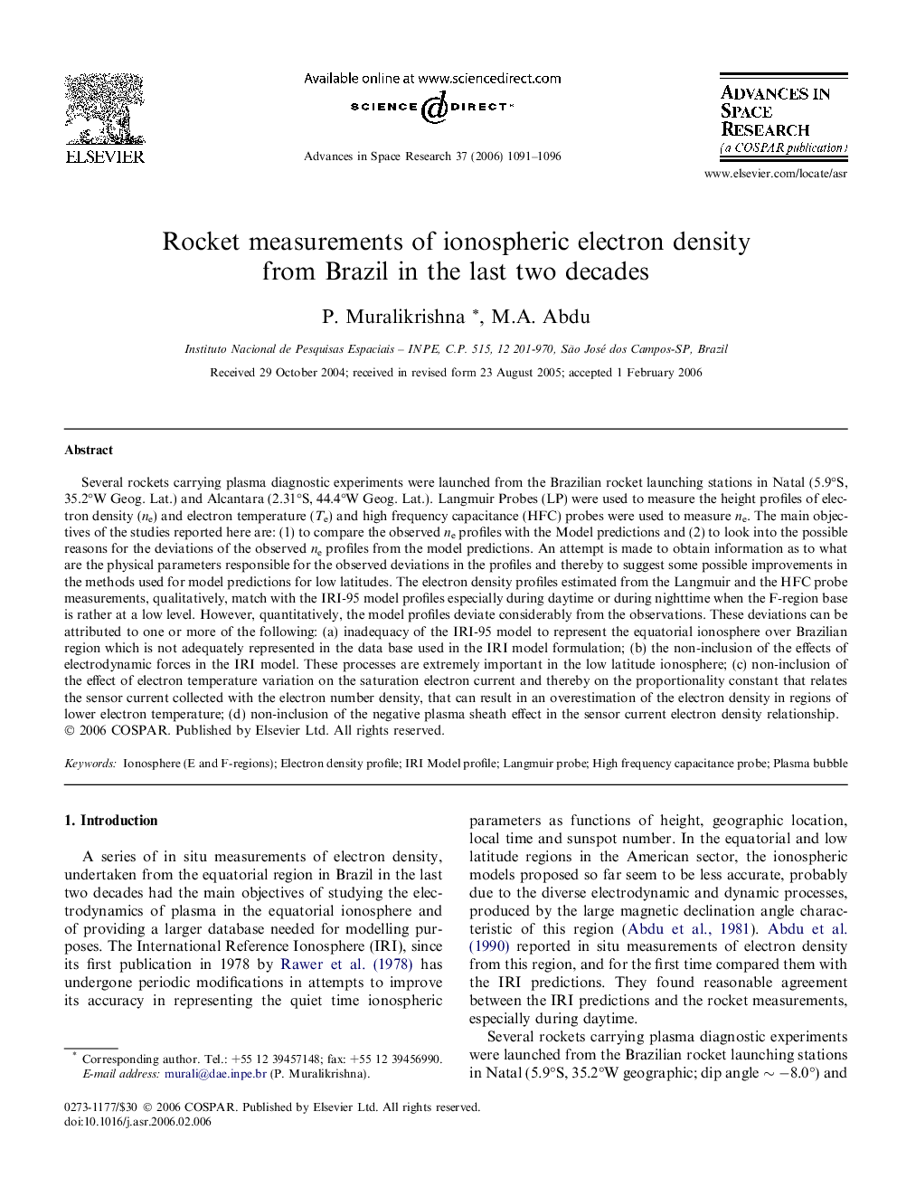 Rocket measurements of ionospheric electron density from Brazil in the last two decades