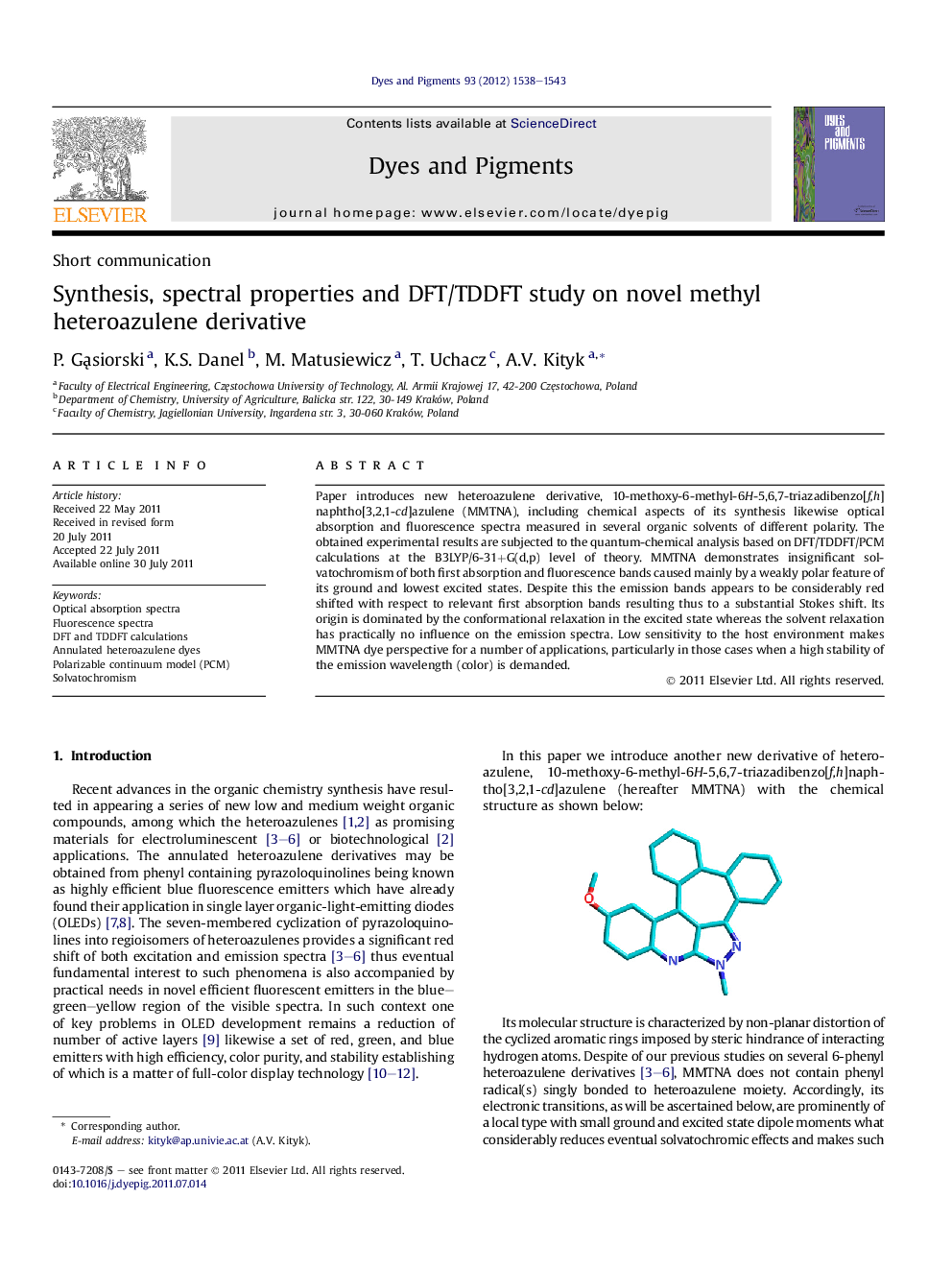 Synthesis, spectral properties and DFT/TDDFT study on novel methyl heteroazulene derivative