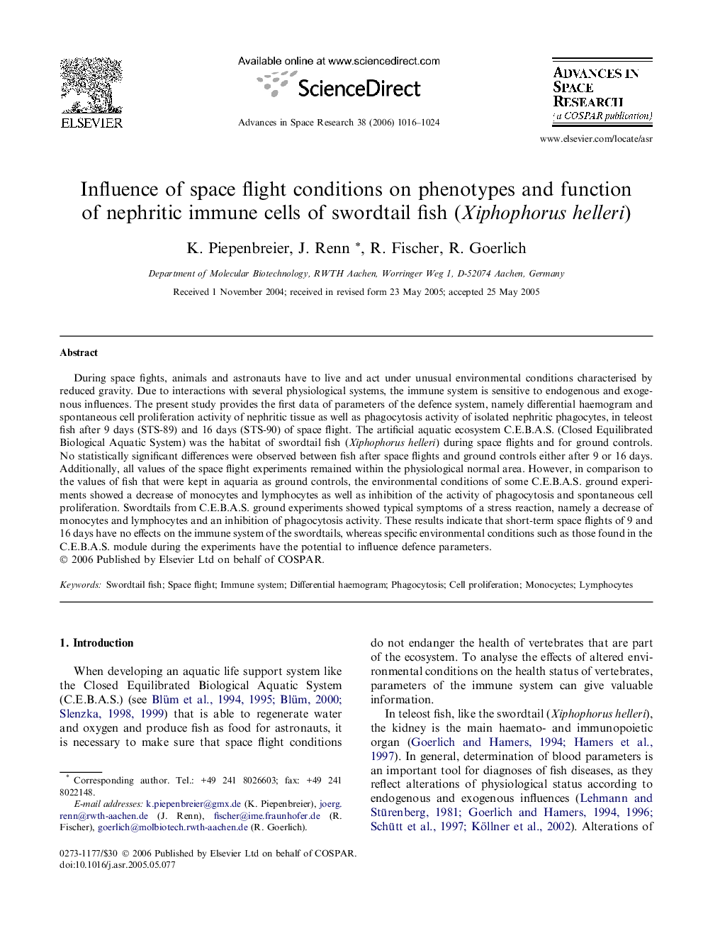 Influence of space flight conditions on phenotypes and function of nephritic immune cells of swordtail fish (Xiphophorus helleri)