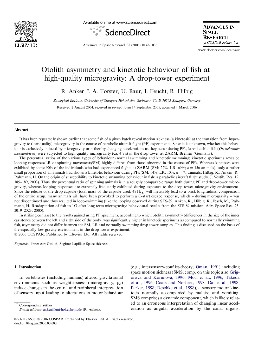 Otolith asymmetry and kinetotic behaviour of fish at high-quality microgravity: A drop-tower experiment