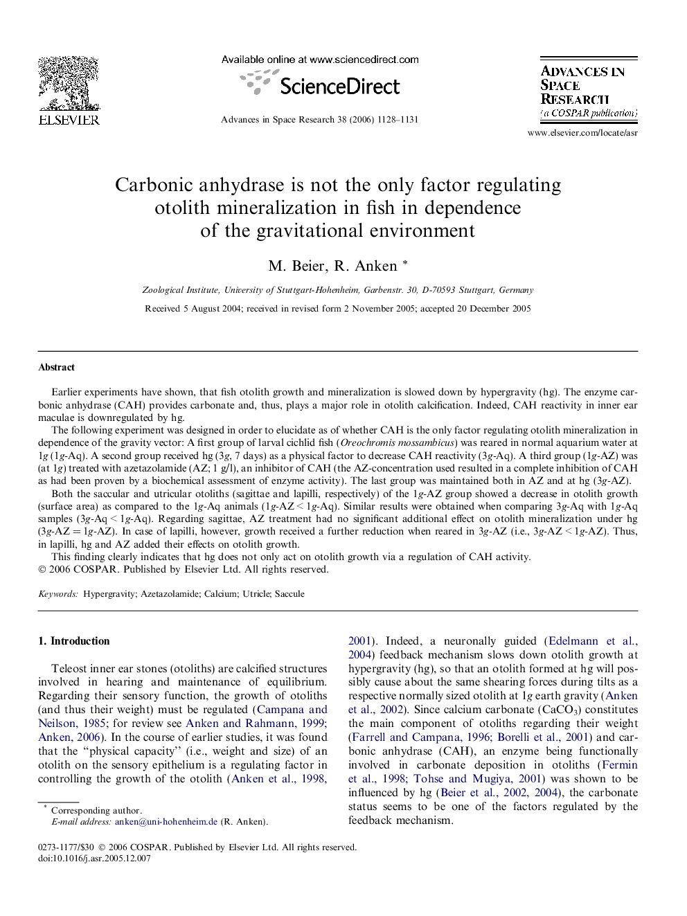 Carbonic anhydrase is not the only factor regulating otolith mineralization in fish in dependence of the gravitational environment