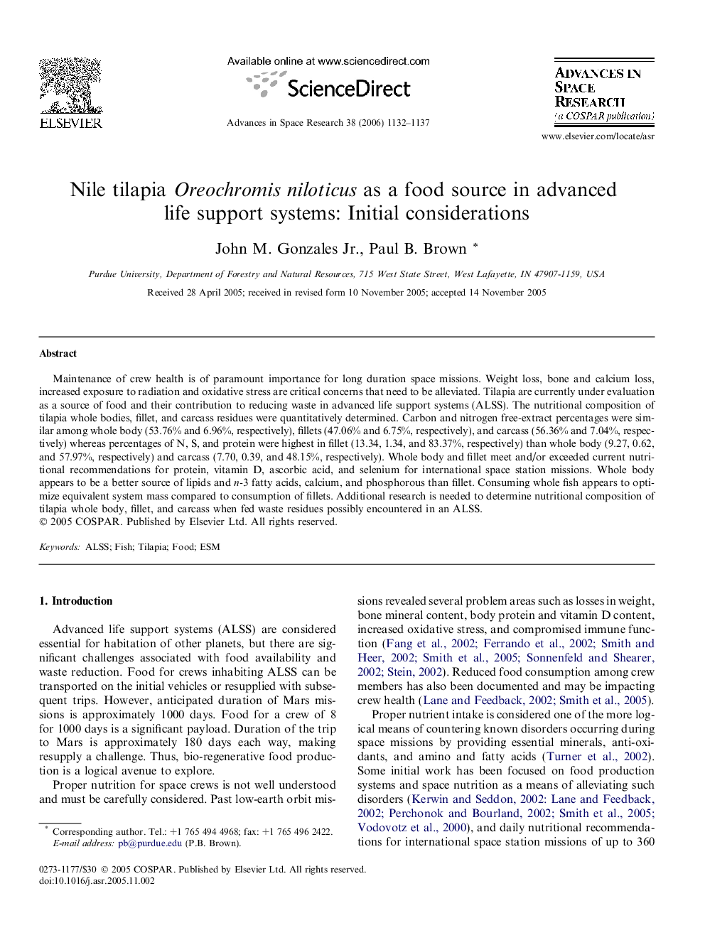 Nile tilapia Oreochromis niloticus as a food source in advanced life support systems: Initial considerations