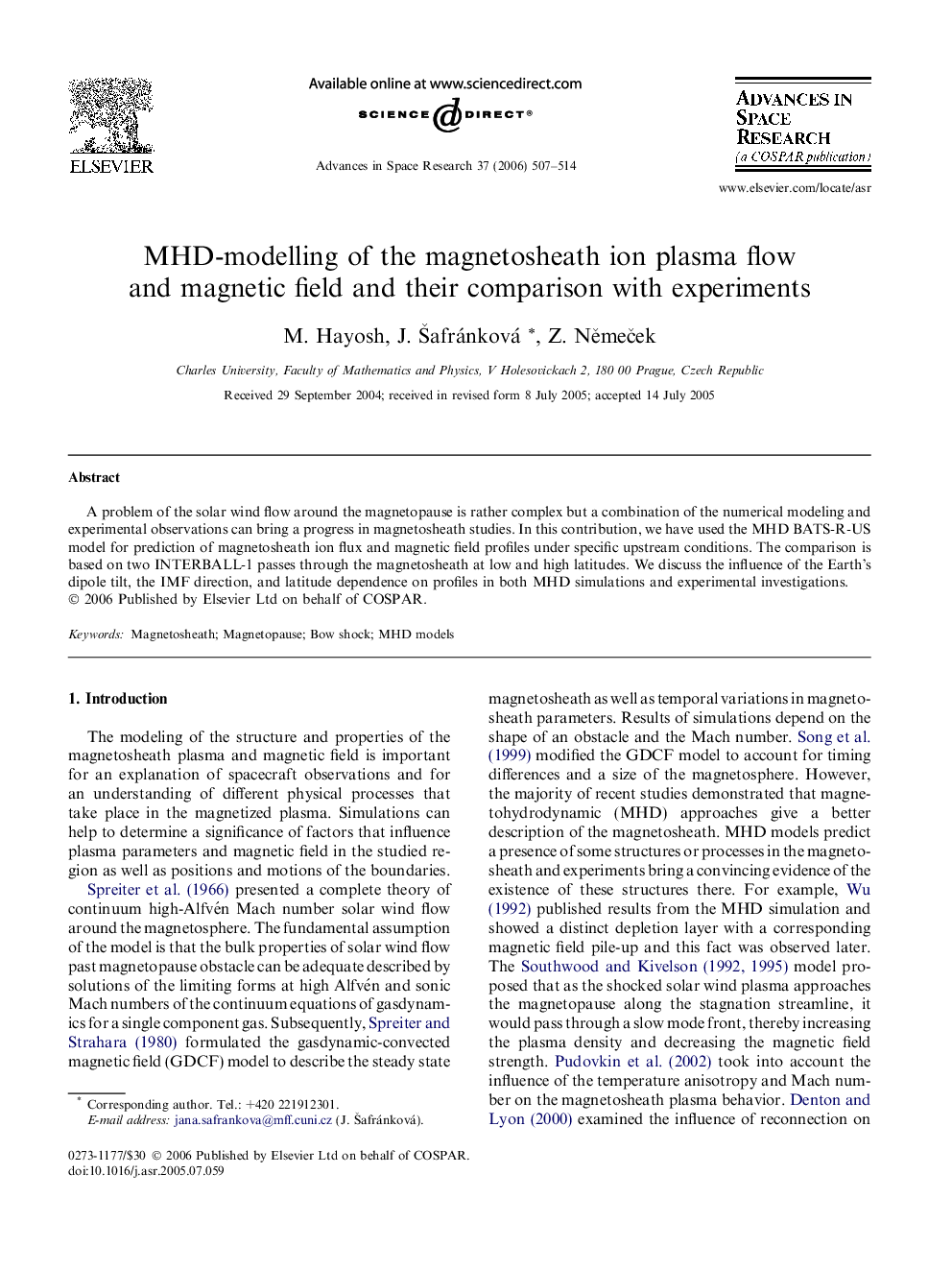 MHD-modelling of the magnetosheath ion plasma flow and magnetic field and their comparison with experiments