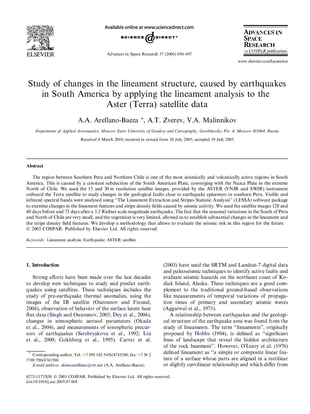 Study of changes in the lineament structure, caused by earthquakes in South America by applying the lineament analysis to the Aster (Terra) satellite data