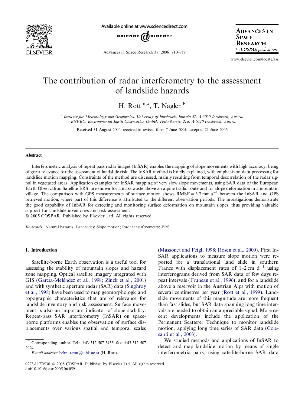 The contribution of radar interferometry to the assessment of landslide hazards