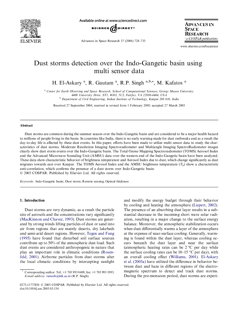 Dust storms detection over the Indo-Gangetic basin using multi sensor data