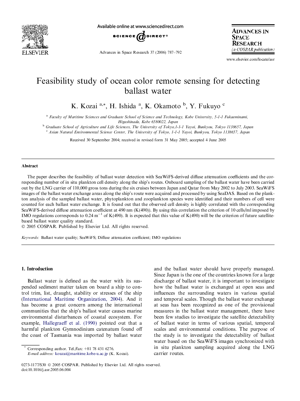 Feasibility study of ocean color remote sensing for detecting ballast water