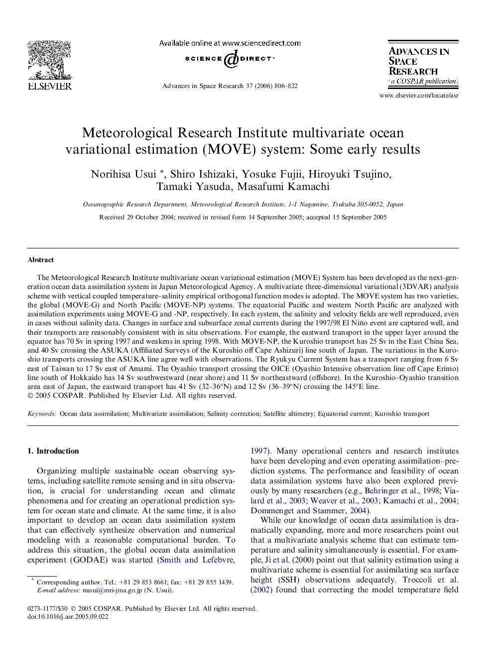 Meteorological Research Institute multivariate ocean variational estimation (MOVE) system: Some early results