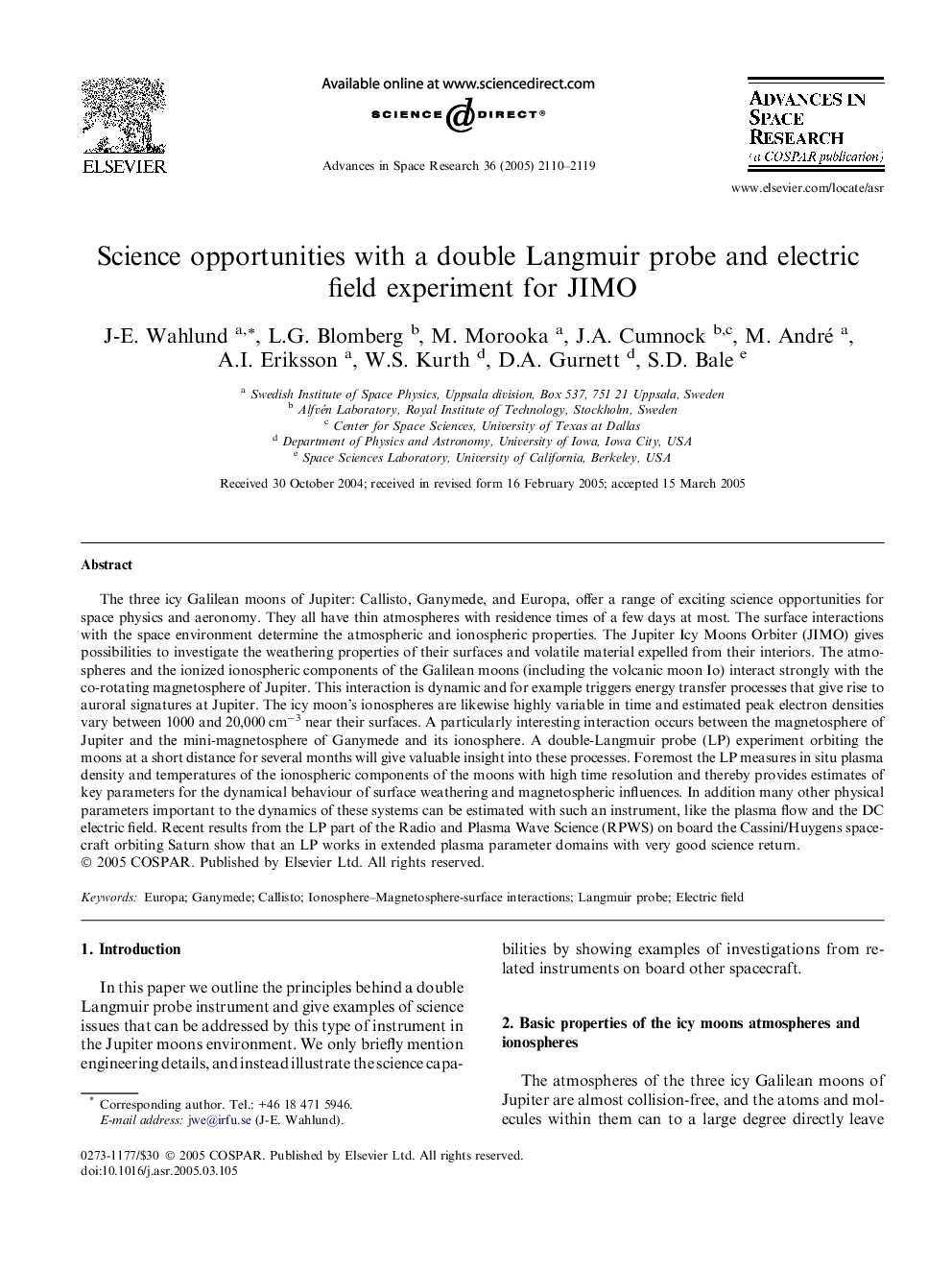 Science opportunities with a double Langmuir probe and electric field experiment for JIMO