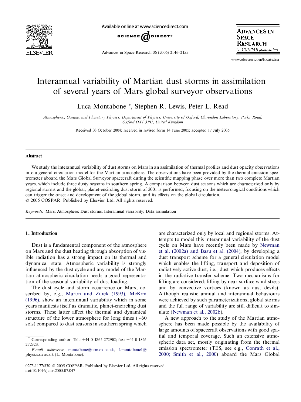 Interannual variability of Martian dust storms in assimilation of several years of Mars global surveyor observations