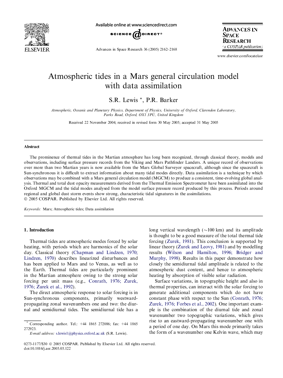 Atmospheric tides in a Mars general circulation model with data assimilation