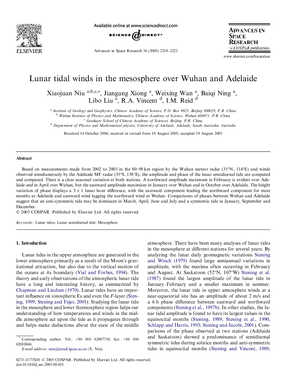 Lunar tidal winds in the mesosphere over Wuhan and Adelaide