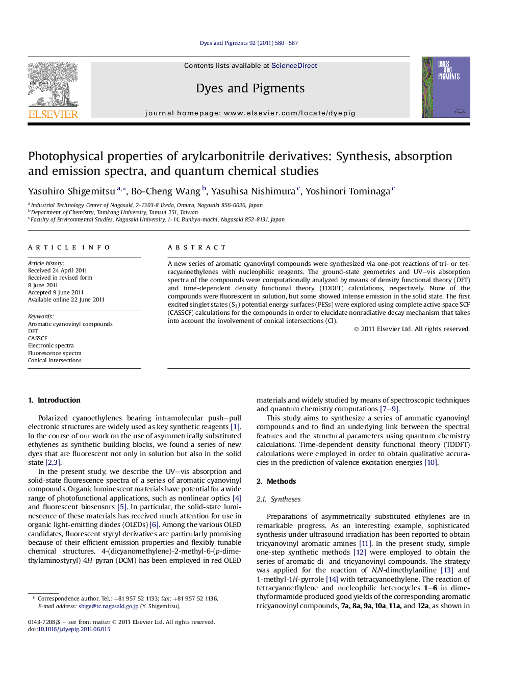 Photophysical properties of arylcarbonitrile derivatives: Synthesis, absorption and emission spectra, and quantum chemical studies