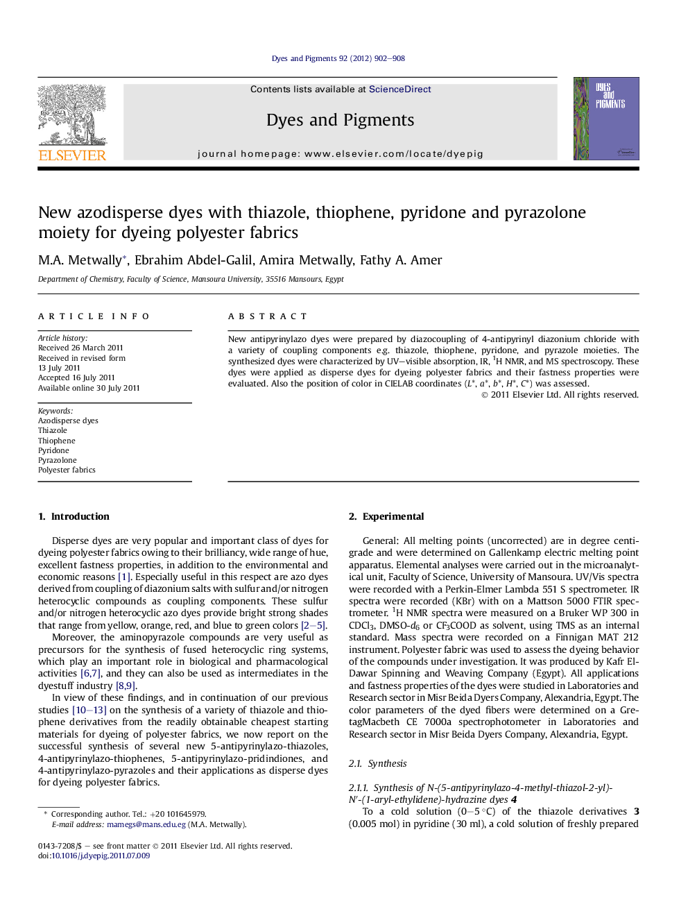 New azodisperse dyes with thiazole, thiophene, pyridone and pyrazolone moiety for dyeing polyester fabrics