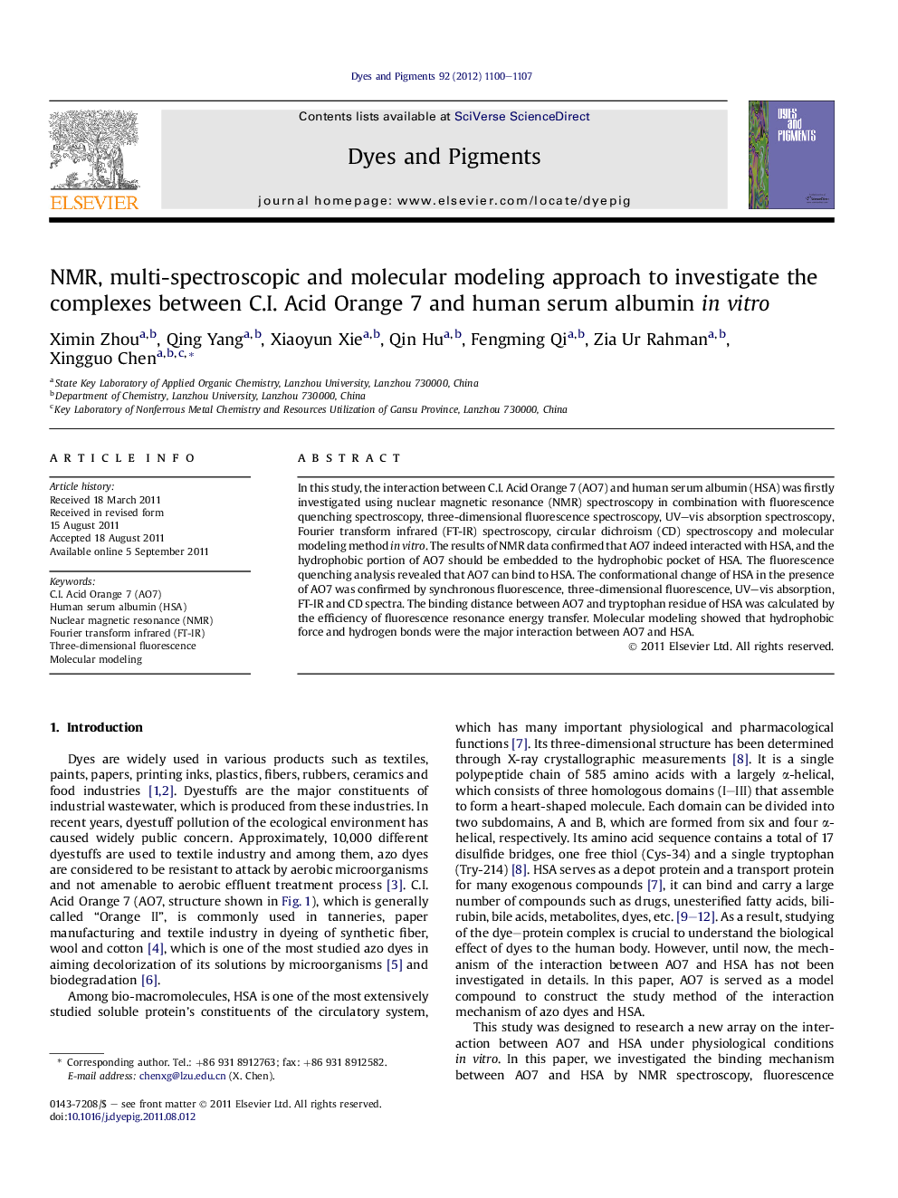 NMR, multi-spectroscopic and molecular modeling approach to investigate the complexes between C.I. Acid Orange 7 and human serum albumin in vitro