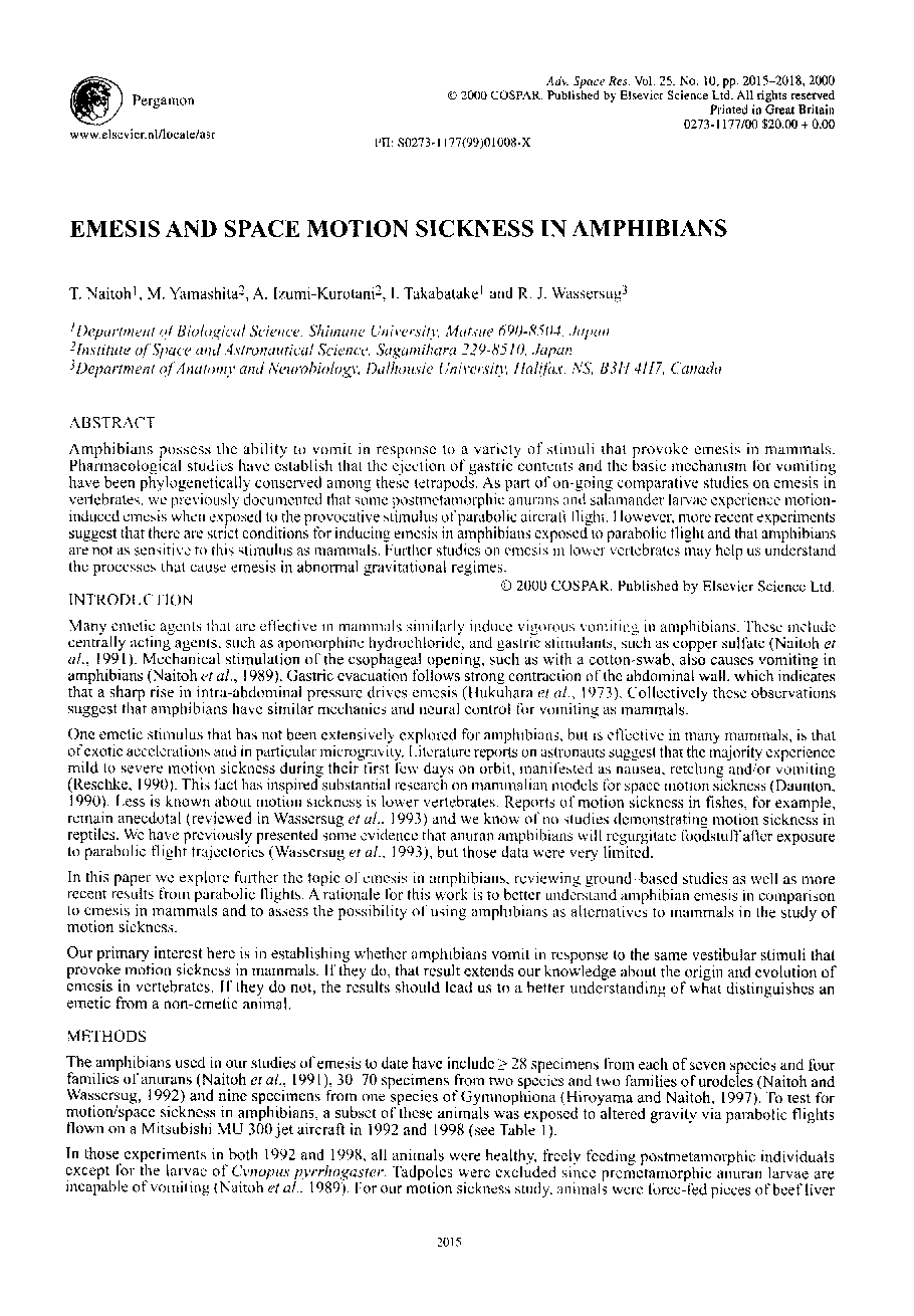 Emesis and space motion sickness in amphibians