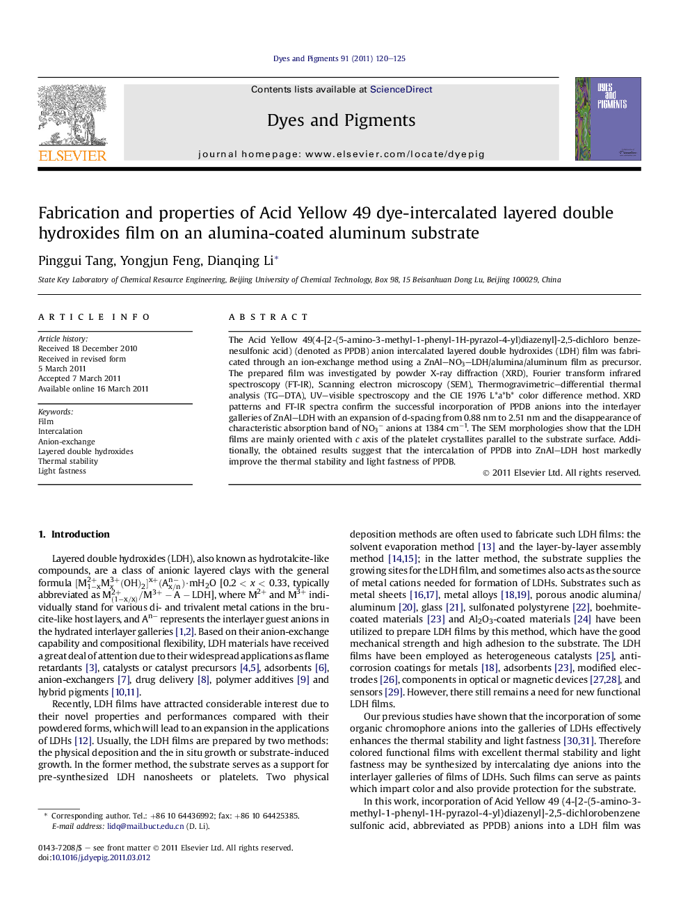 عکس صفحه اول مقاله: Fabrication and properties of Acid Yellow 49 dye-intercalated layered double hydroxides film on an alumina-coated aluminum substrate Fabrication and properties of Acid Yellow 49 dye-intercalated layered double hydroxides film on an alumina-coated aluminum substrate