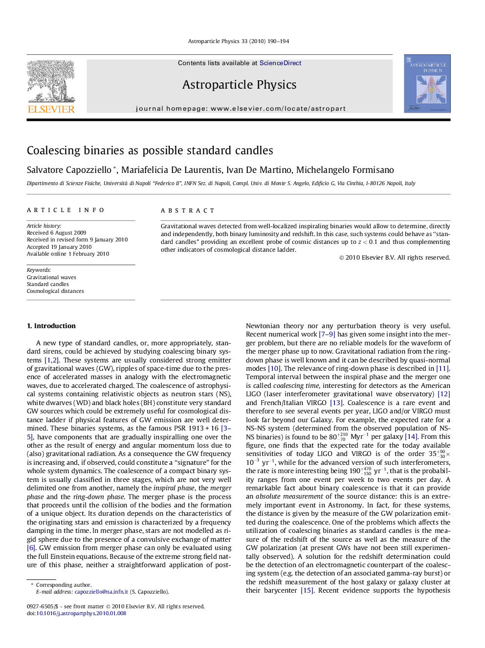 Coalescing binaries as possible standard candles