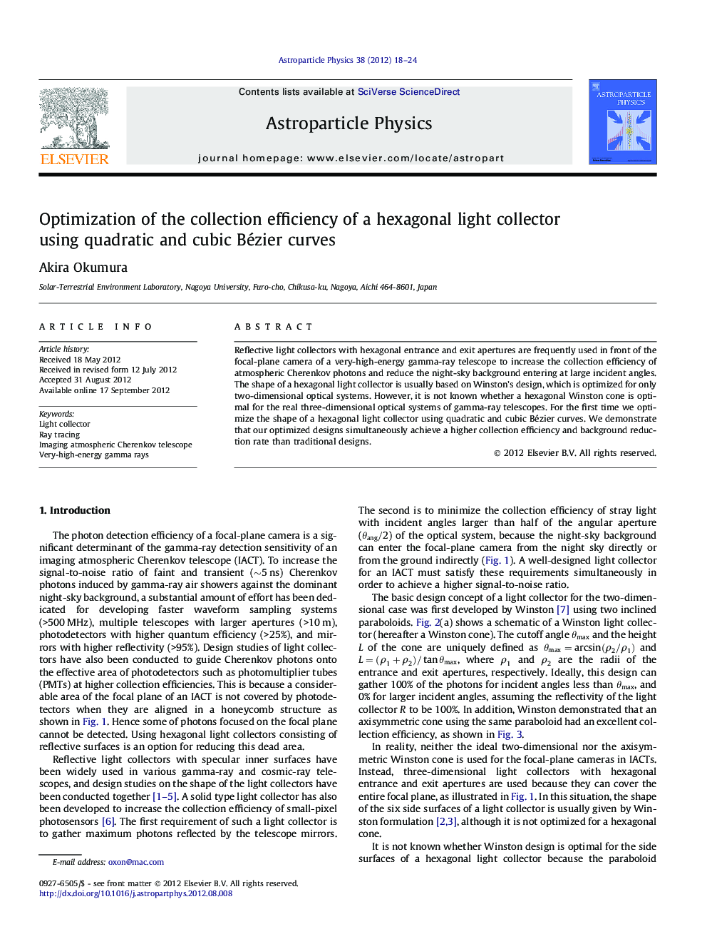 Optimization of the collection efficiency of a hexagonal light collector using quadratic and cubic Bézier curves