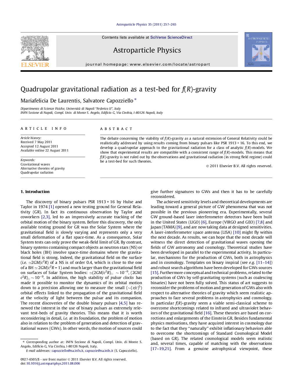 Quadrupolar gravitational radiation as a test-bed for f(R)-gravity