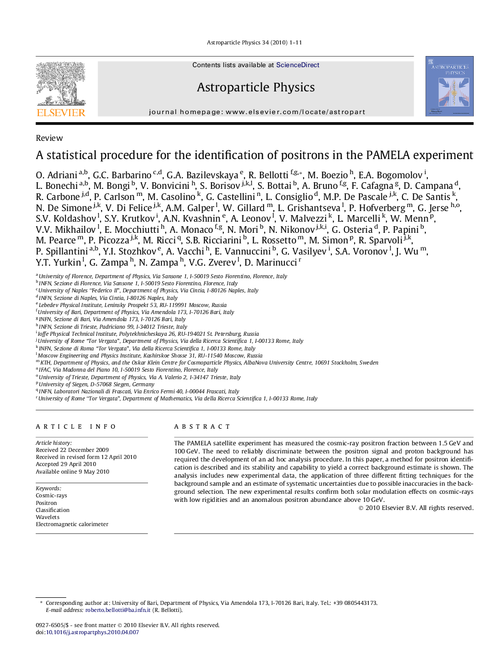 A statistical procedure for the identification of positrons in the PAMELA experiment