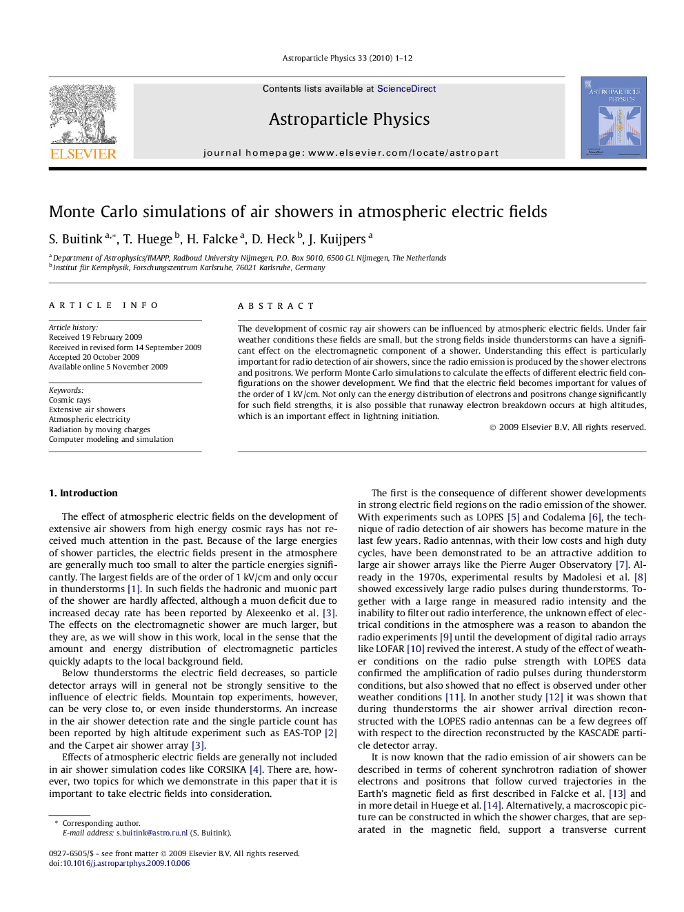 عکس صفحه اول مقاله: Monte Carlo simulations of air showers in atmospheric electric fields Monte Carlo simulations of air showers in atmospheric electric fields