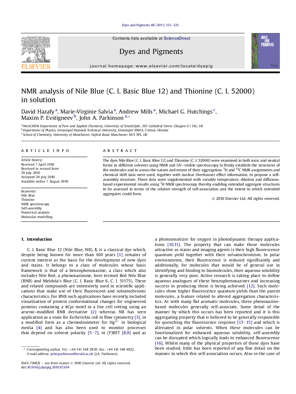 NMR analysis of Nile Blue (C. I. Basic Blue 12) and Thionine (C. I. 52000) in solution