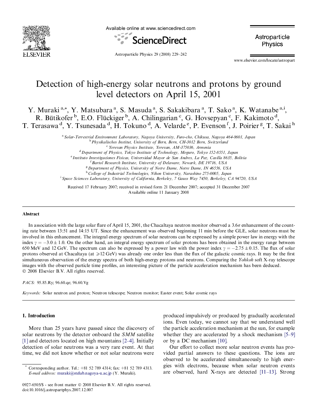 Detection of high-energy solar neutrons and protons by ground level detectors on April 15, 2001