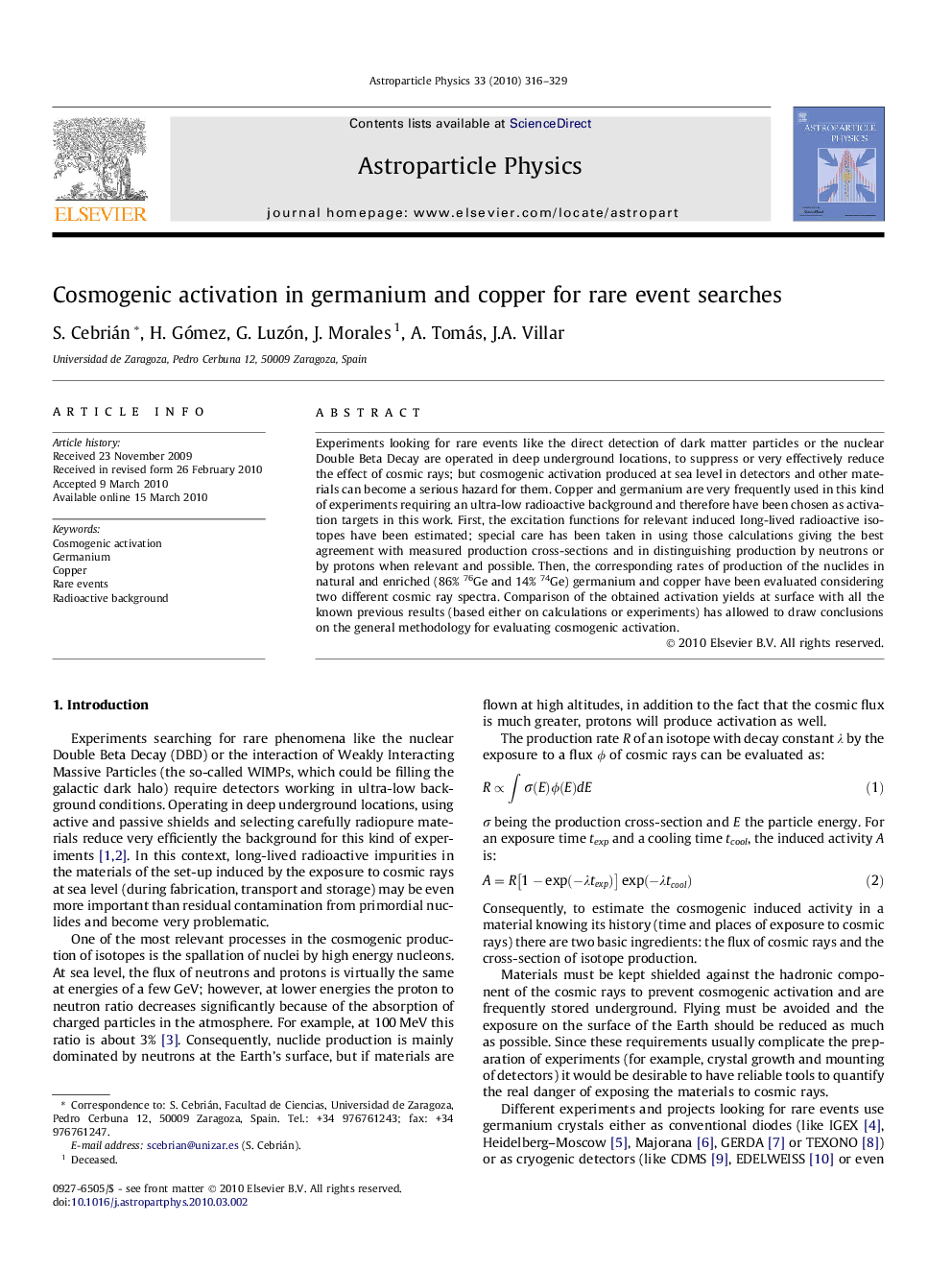 Cosmogenic activation in germanium and copper for rare event searches