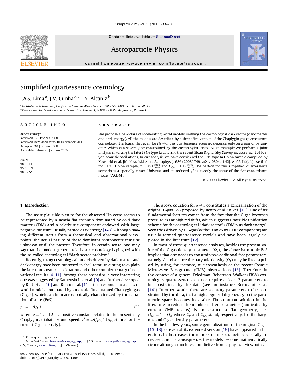 عکس صفحه اول مقاله: Simplified quartessence cosmology Simplified quartessence cosmology