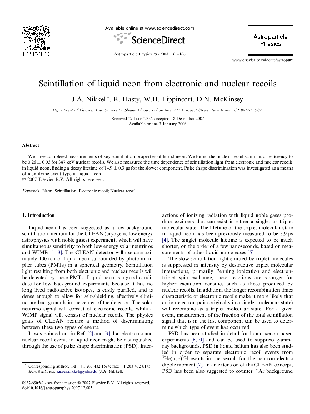 Scintillation of liquid neon from electronic and nuclear recoils