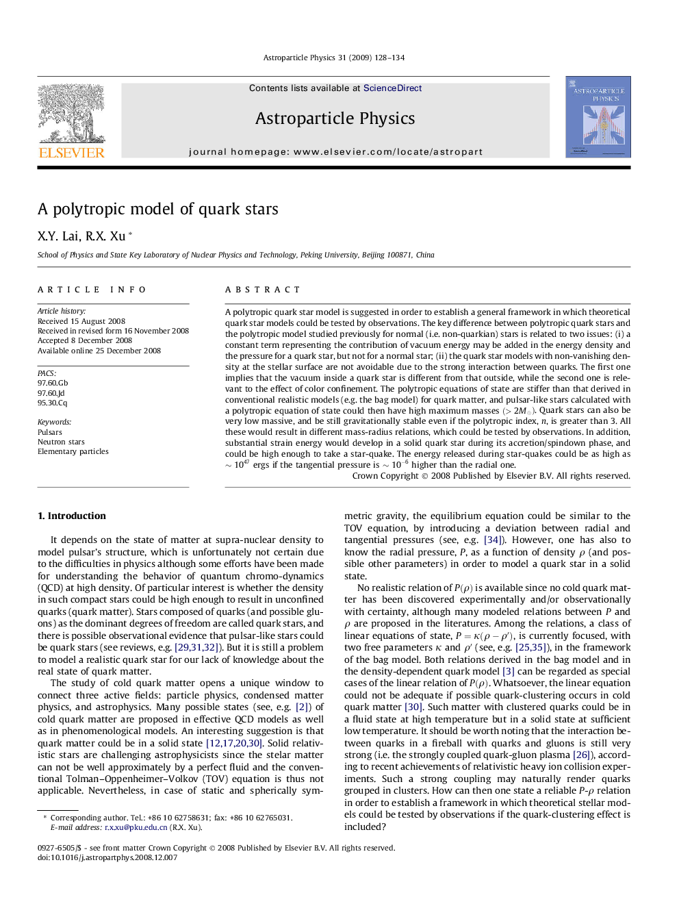 A polytropic model of quark stars