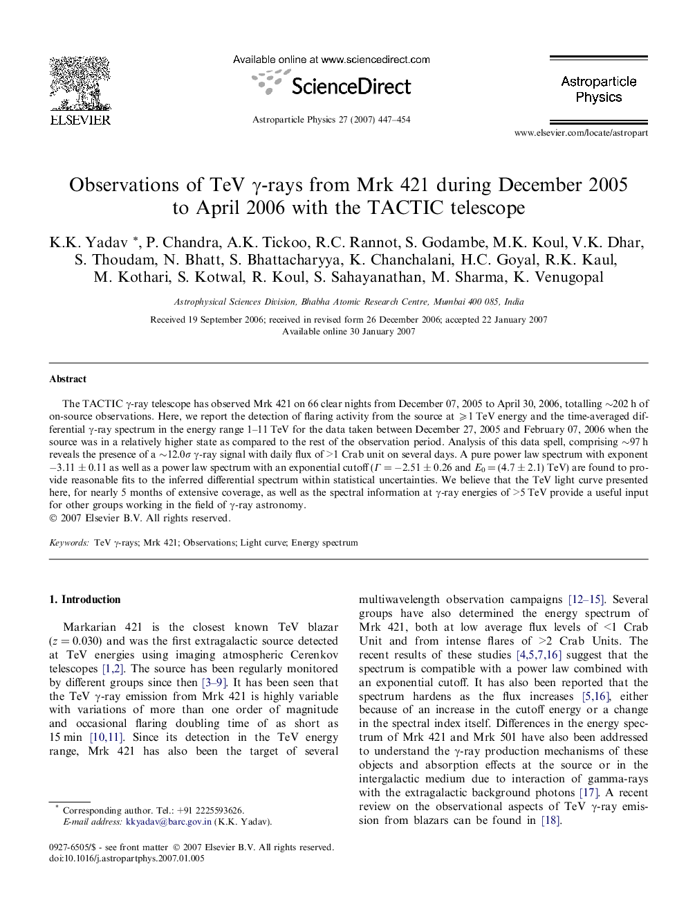 Observations of TeV γ-rays from Mrk 421 during December 2005 to April 2006 with the TACTIC telescope