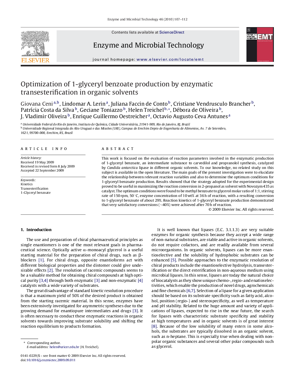 Optimization of 1-glyceryl benzoate production by enzymatic transesterification in organic solvents