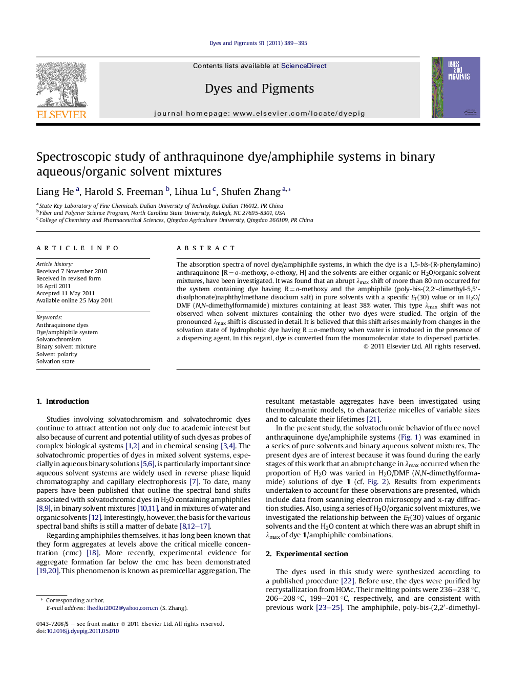 Spectroscopic study of anthraquinone dye/amphiphile systems in binary aqueous/organic solvent mixtures