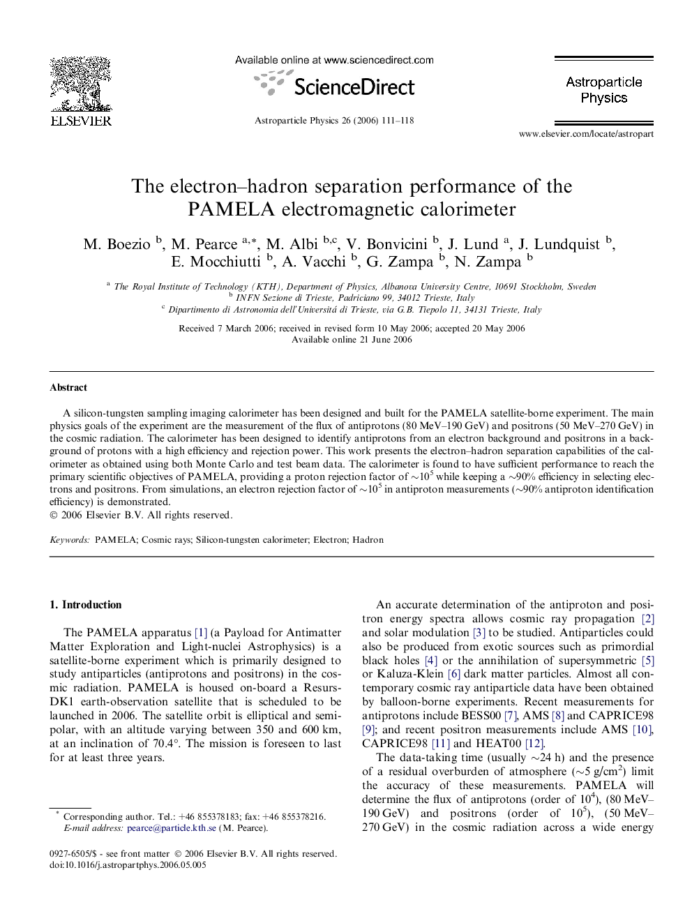 The electron–hadron separation performance of the PAMELA electromagnetic calorimeter