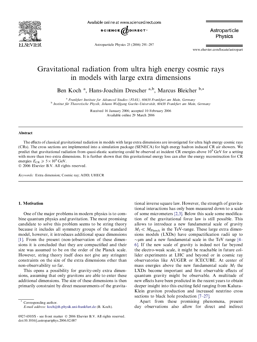 Gravitational radiation from ultra high energy cosmic rays in models with large extra dimensions