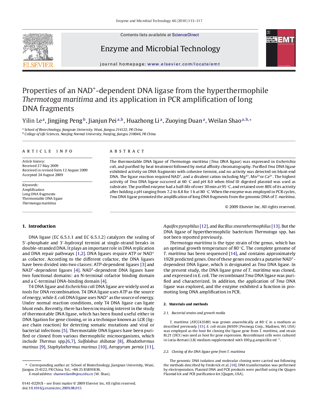 Properties of an NAD+-dependent DNA ligase from the hyperthermophile Thermotoga maritima and its application in PCR amplification of long DNA fragments