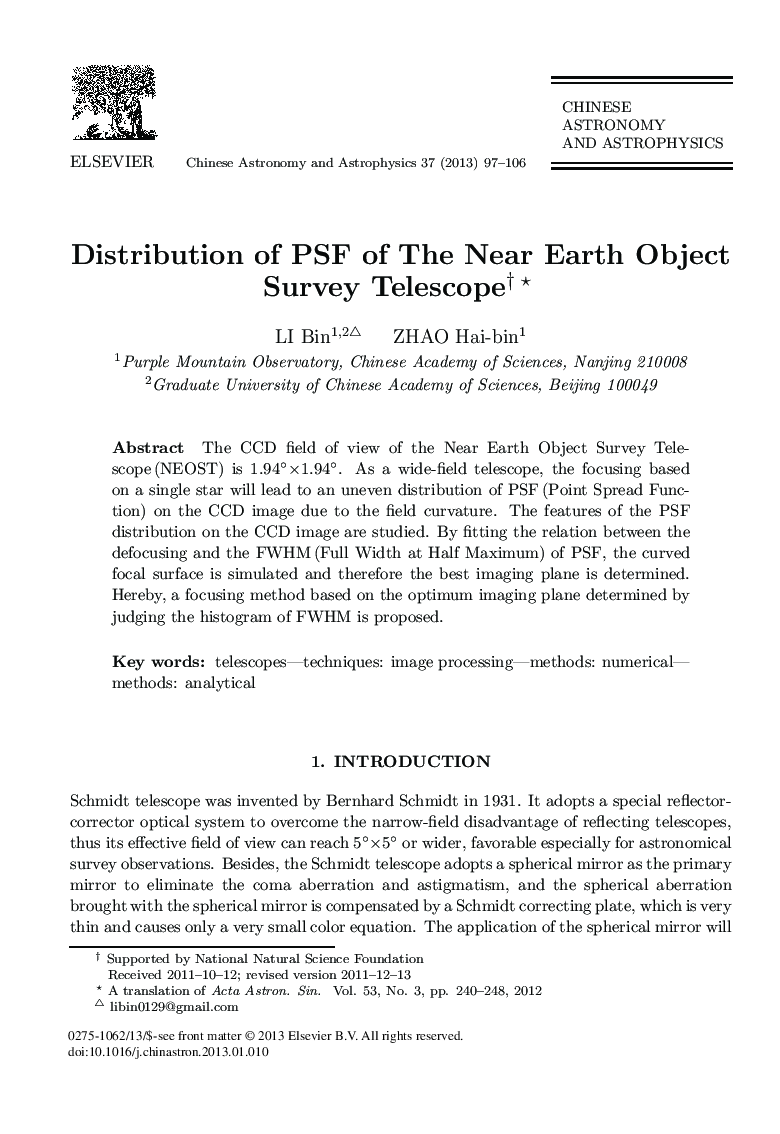 Distribution of PSF of The Near Earth Object Survey Telescope 