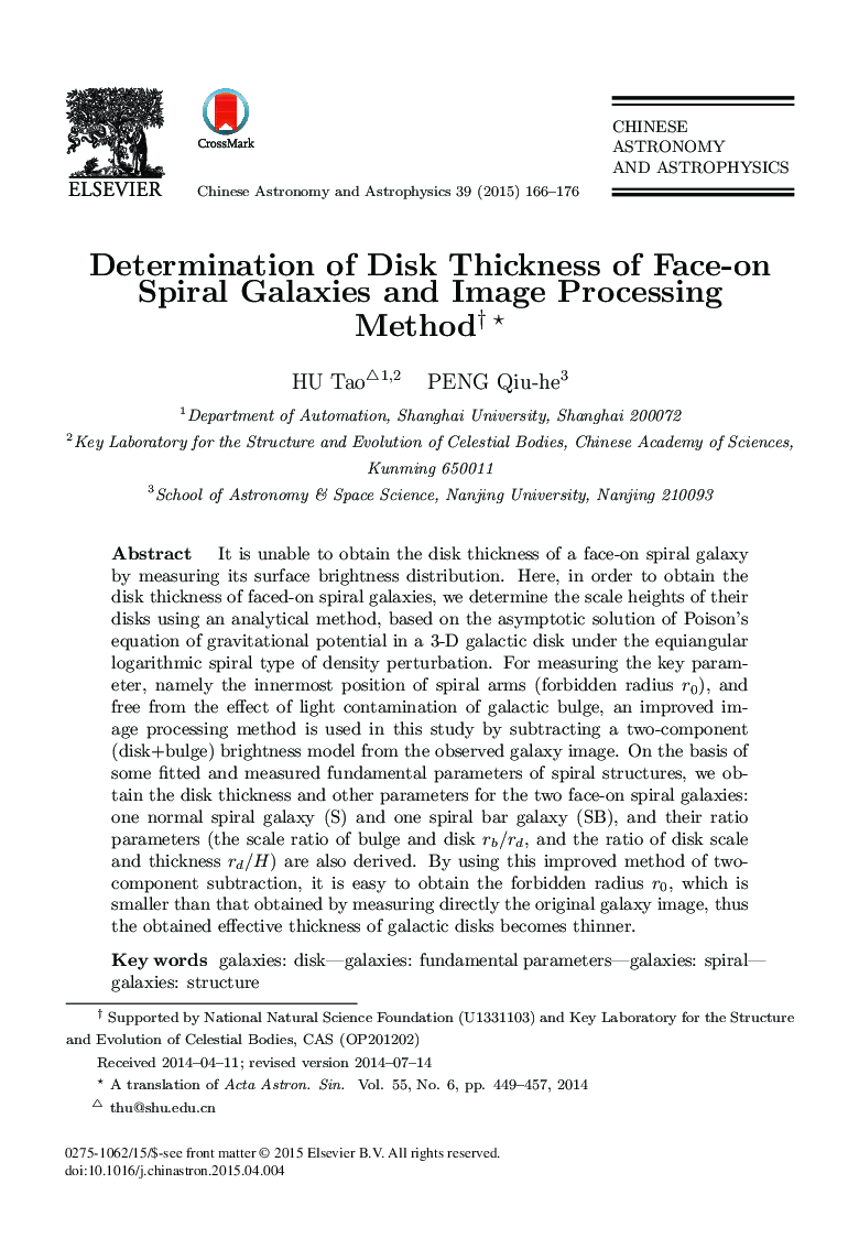 Determination of Disk Thickness of Face-on Spiral Galaxies and Image Processing Method and 