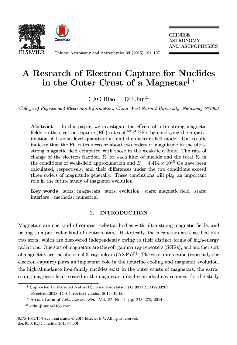 A Research of Electron Capture for Nuclides in the Outer Crust of a Magnetar and 