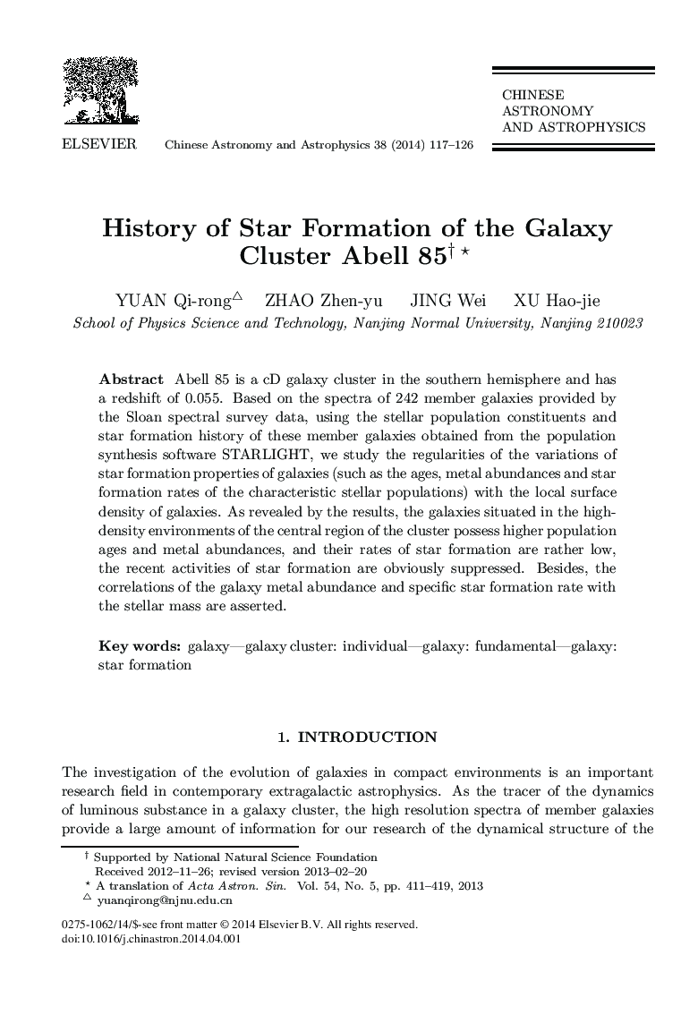 History of Star Formation of the Galaxy Cluster Abell 85 