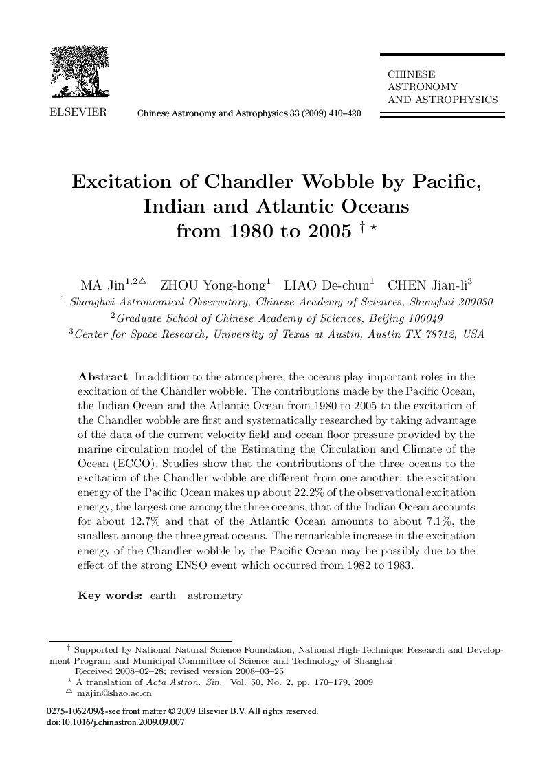 Excitation of Chandler Wobble by Pacific, Indian and Atlantic Oceans from 1980 to 2005 