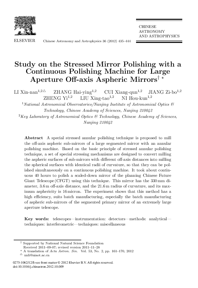 Study on the Stressed Mirror Polishing with a Continuous Polishing Machine for Large Aperture Off-axis Aspheric Mirrors 