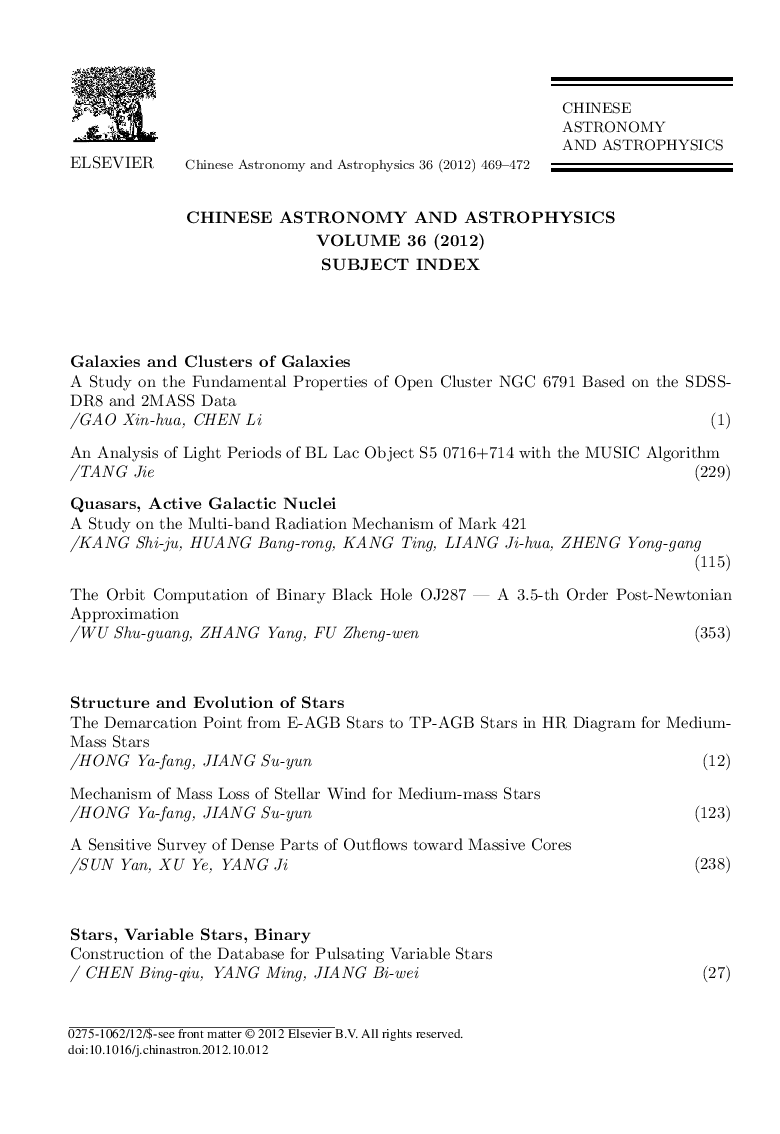 Chinese Astronomy and Astrophysics Volume 36 (2012) Subject Index