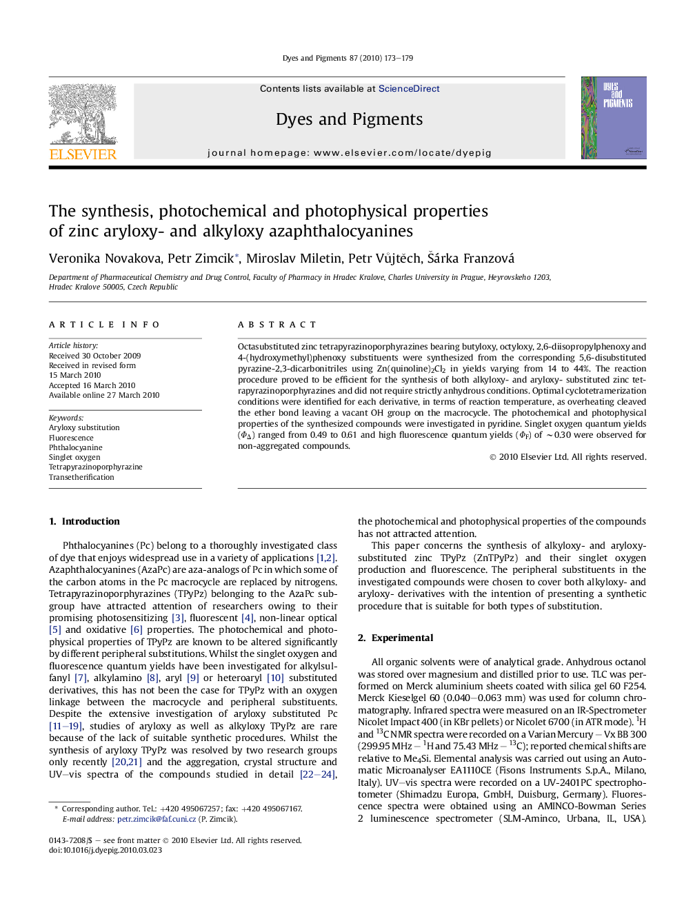 The synthesis, photochemical and photophysical properties of zinc aryloxy- and alkyloxy azaphthalocyanines