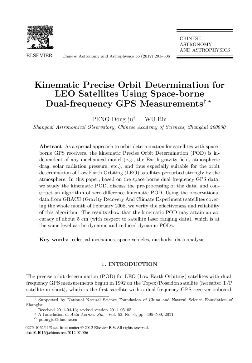 Kinematic Precise Orbit Determination for LEO Satellites Using Space-borne Dual-frequency GPS Measurements 