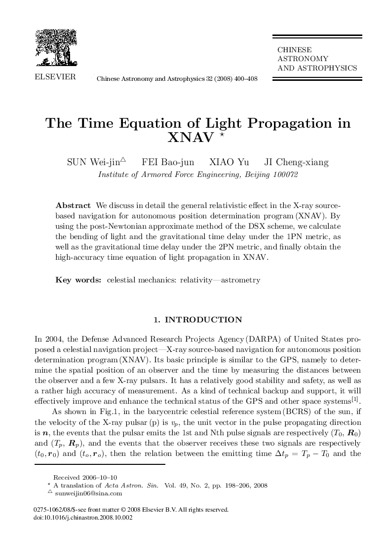 The Time Equation of Light Propagation in XNAV 