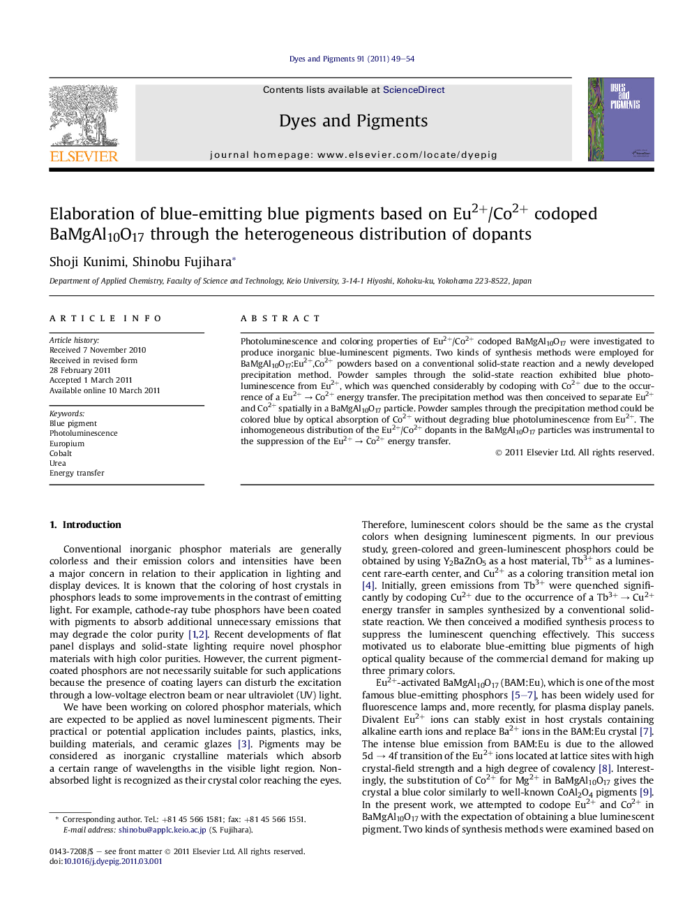 Elaboration of blue-emitting blue pigments based on Eu2+/Co2+ codoped BaMgAl10O17 through the heterogeneous distribution of dopants